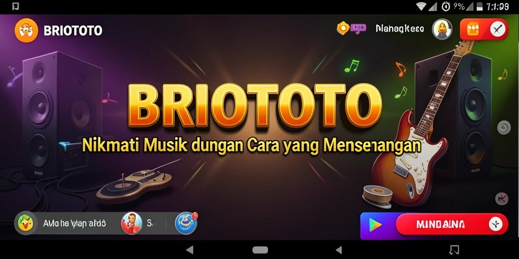 Screenshot BRIOTOTO menampilkan pengguna bermain alat musik dengan penuh semangat.
