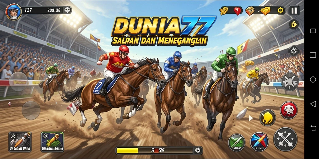 Tampilan gameplay DUNIA77 dengan balapan yang menegangkan dan mobil cepat.