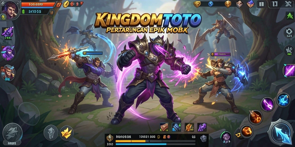 Tampilan seru pertarungan dalam KINGDOMTOTO di medan perang MOBA.