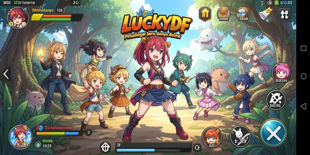 Screenshot gameplay LUCKYDF menampilkan aksi seru karakter Anime.