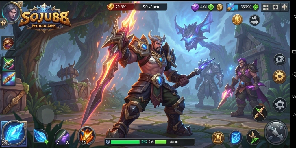 Screenshot menunjukkan pemandangan epik dalam pertarungan ARPG SOJU88.