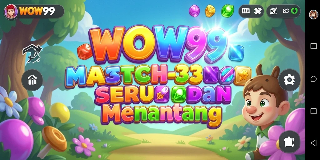Screenshot utama WOW99 menunjukkan gameplay Match-3 yang penuh warna dan menarik.